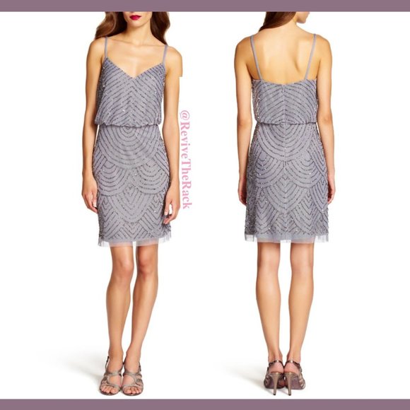 NEW Adrianna Papell Art Deco Sequin‎ Blouson Dress in Grey/Silver [SZ 14 ] - Picture 2 of 13